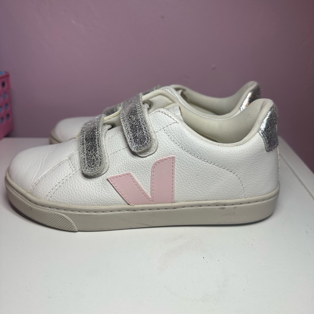 Veja Kids Sneakers in White, Pink, and Silver